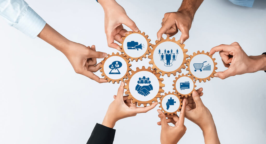 Integrations Infographic with hands holding cogs