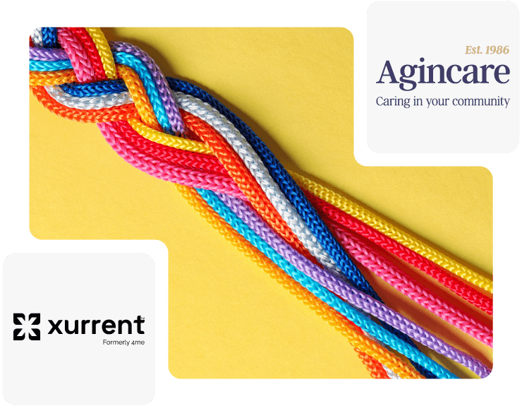 Yellow background with coloured rope with Xurrent and Agincare logo