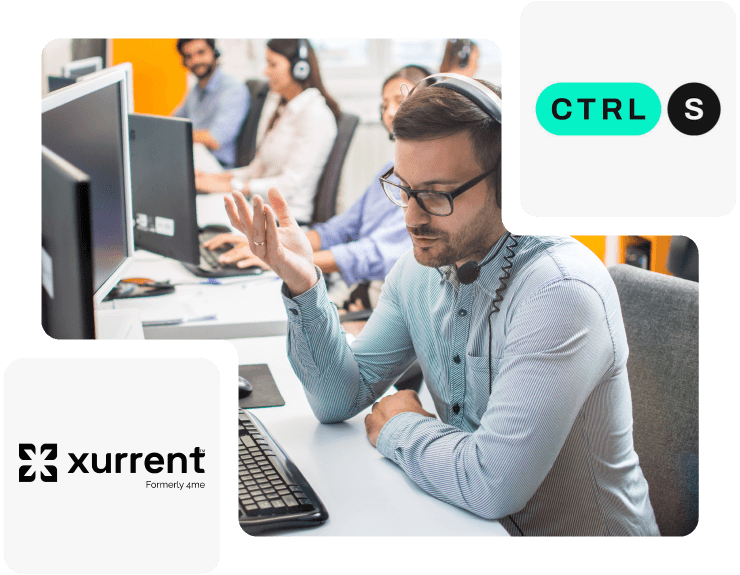Man on a call with laptop with Xurrent and CTRLS logo