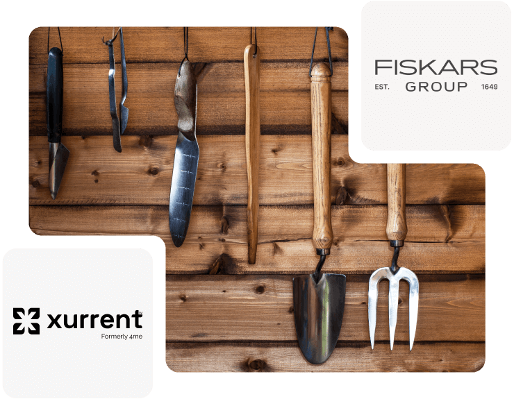 Tools haning up on wooden background with Xurrent and Fiskars Group logo