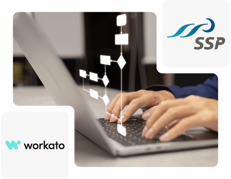 On laptop with Workato and SSP logo